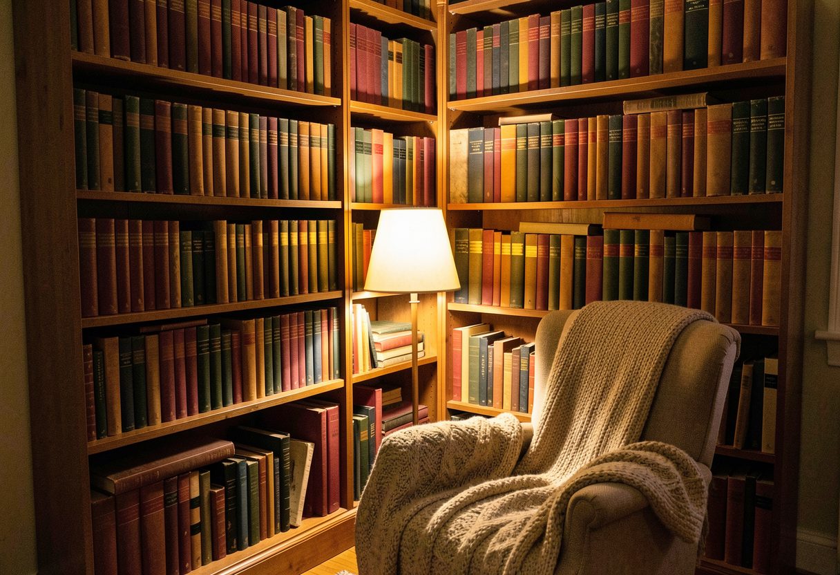Кресло с пледом среди книжных полок