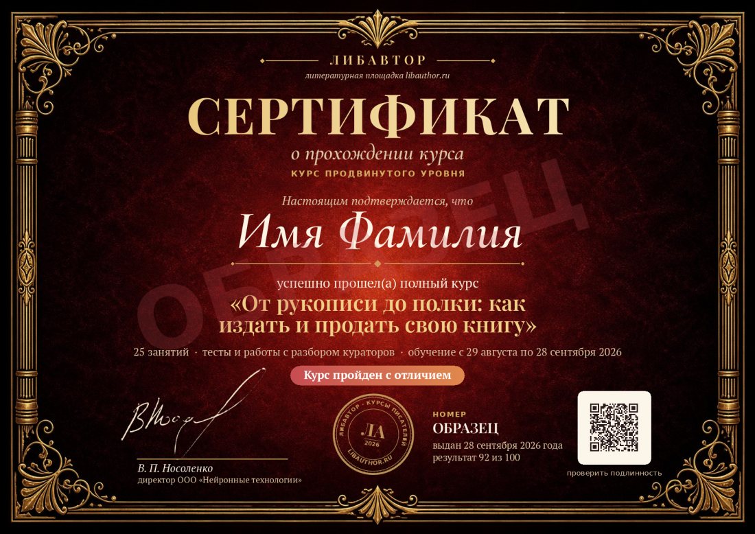 Образец сертификата курса «От рукописи до полки: как издать и продать свою книгу»