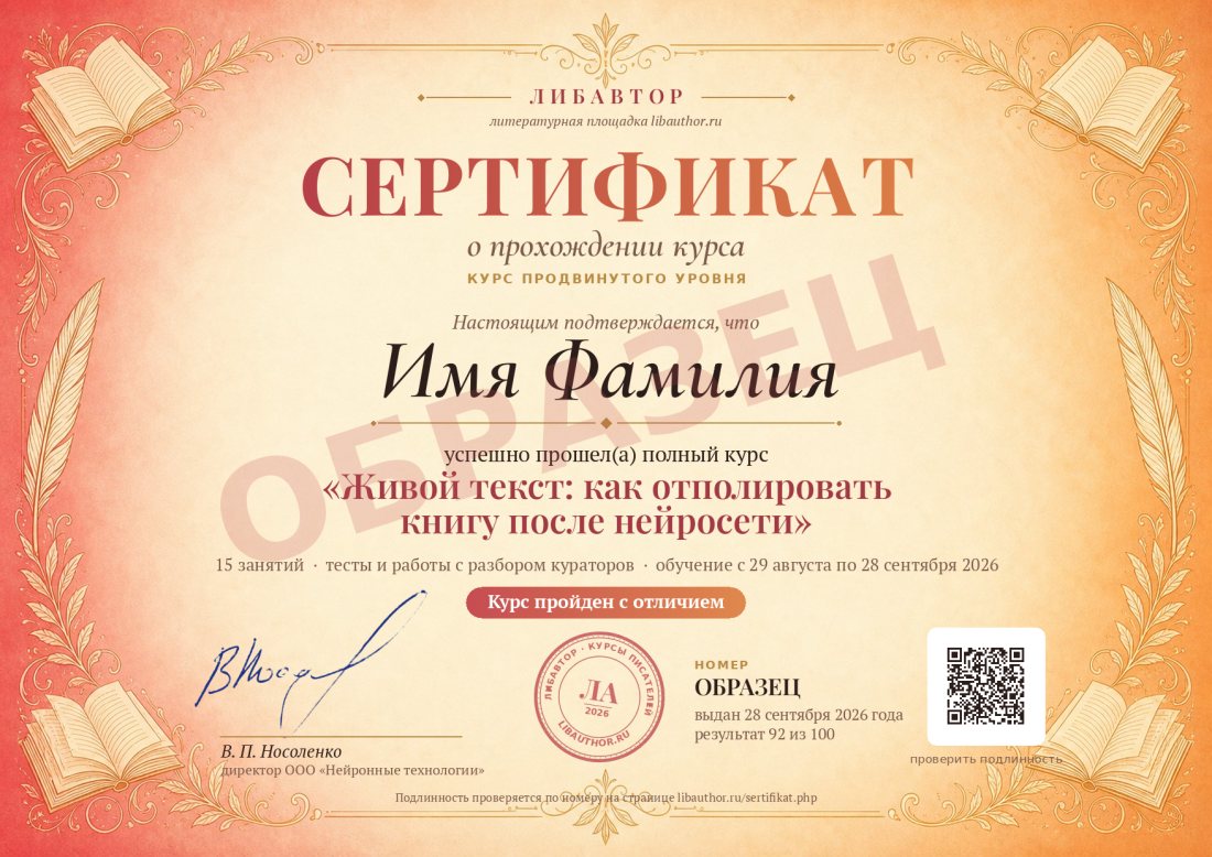 Образец сертификата: Имя Фамилия, курс и дата, подпись и печать ЛибАвтора